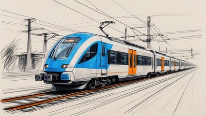 Blue train on tracks illustration. Modern passenger train with orange doors drives. Pencil style railway with electric poles and wires. Transport concept