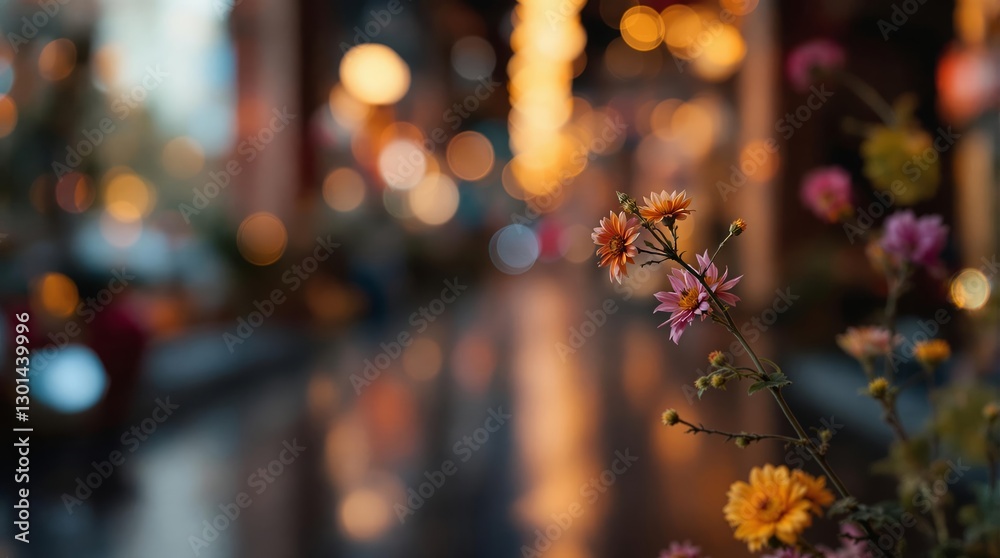 Poster a blurred urban scene at dusk, with a vase filled with flowers in the foreground, their petals and l