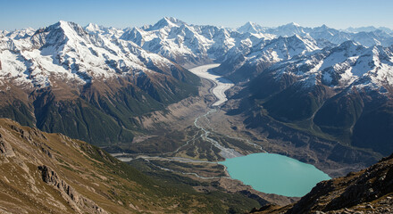 Obraz premium Majestic mountain range with a glacial lake in the valley