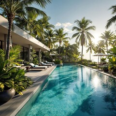 Fototapeta premium A luxurious villa situated on a tropical island, with a large swimming pool in the foreground surrounded by lush greenery and tall palm trees. The pool is bordered by a pathway, and there are sun loun