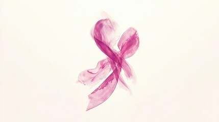 A watercolor painting displays a pink ribbon on white background