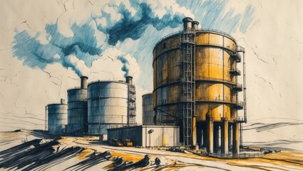 Obraz premium Sketch of large metal tanks with smoke plumes under light blue sky. Tanks in shades of yellow and blue sit near earth colored land.