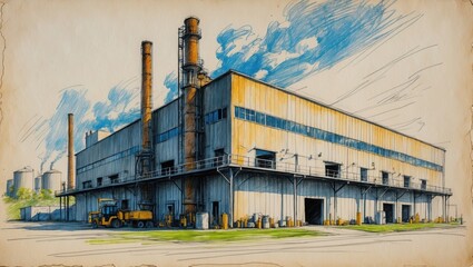 Fototapeta premium Industrial building drawing with yellow tractor near factory and pipes emitting smoke. Sketch illustration of large structure with blue sky and some tanks.