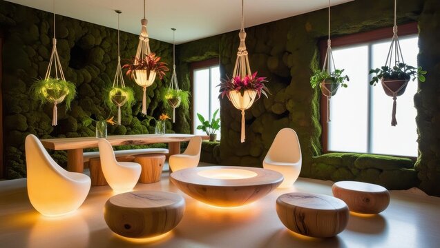 The interior of an ecological house that lives and changes