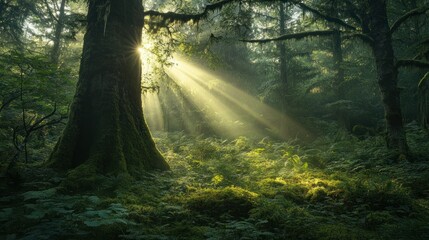Obraz premium Sunlight streams through the trees in a lush forest