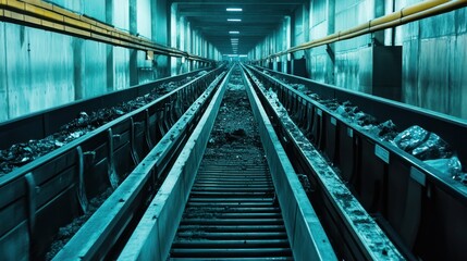Fototapeta premium Conveyor belts transport coal and rock through a dark tunnel system