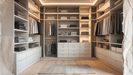 Interior design walk in closet with shelves drawers hanging clothes in light neutral tones wood floor inside luxury apartment illuminated by warm lights