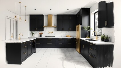 Fototapeta premium Modern kitchen design with black cabinets and gold hardware. White marble countertop and backsplash enhance luxurious look. Kitchen island provides extra space.