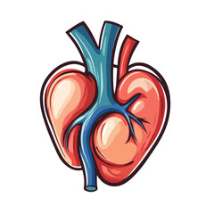 Obraz premium A realistic cartoon illustration of the human heart, showcasing veins and arteries. The heart is bright red, representing anatomical accuracy and medical detail.