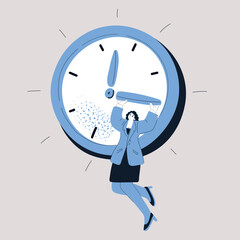 Cartoon vector illustration of a woman flying through the air, trying to accelerate time while holding clocks