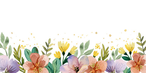 Floral Border Background with Wildflowers and Leaves Watercolor