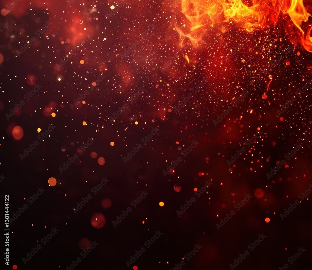 Poster fiery abstract background with sparkles and bokeh effect in dark shades of red and orange for use in