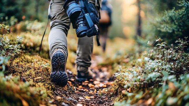 Hikers walking forest trail with camera