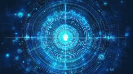 Fototapeta premium Concentric circles and data visualizations form a luminous blue pattern