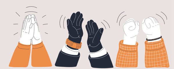 Cartoon vector illustration of hands clapping and fists soaring in victory, capturing the essence of celebration, accomplishment, and personal empowerment.