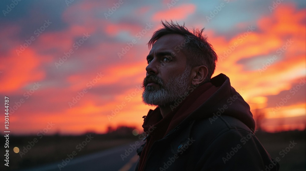 Poster A man with a beard and a jacket standing on the side of a road, gazing into the distance with a backdrop of a fiery sky painted in hues of orange, red, and blue.