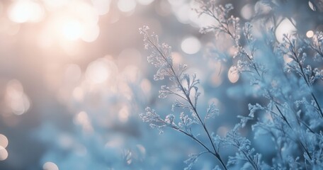 Fototapeta premium Frosty branches glistening in winter sunlight, creating a serene ambiance with soft bokeh effects and cool color tones capturing nature's delicate beauty