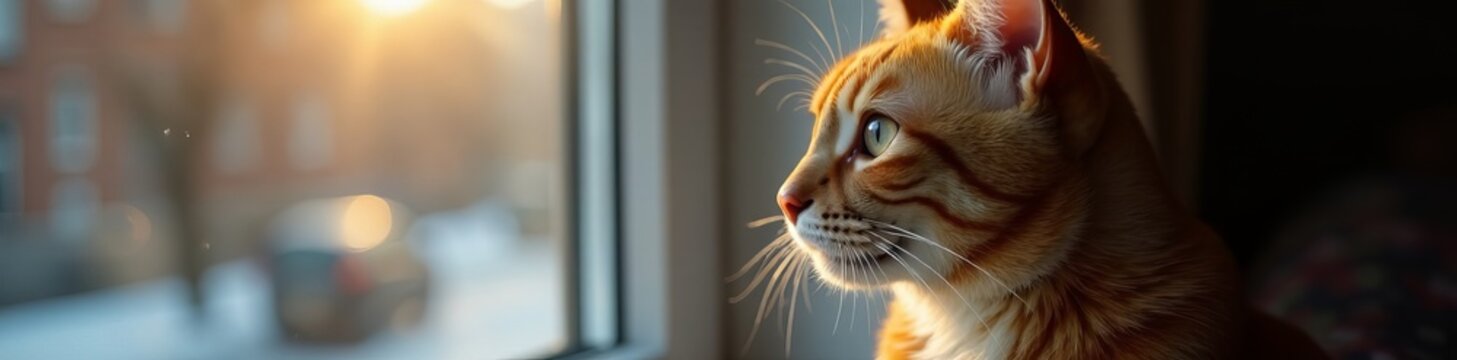 Close up of Ukrainian Levkoy cat looking out of a window, fluffy, Ukrainian Levkoy
