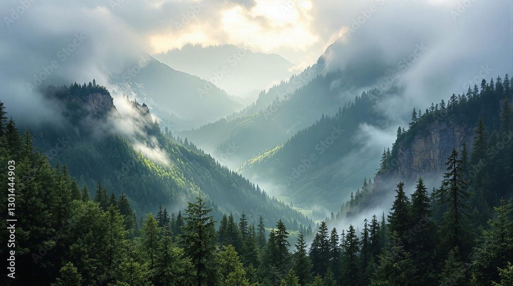 Poster a breathtaking panoramic view of a forested mountain range enveloped in mist, with the sun's rays pi