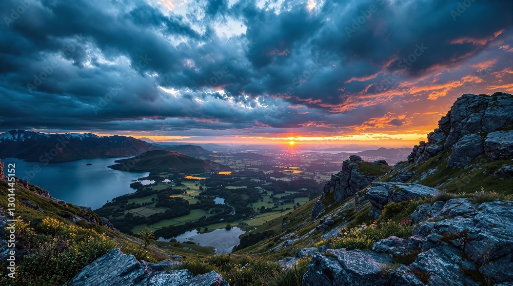 Poster a breathtaking panoramic view of a lake nestled between rolling hills, with a backdrop of a dramatic