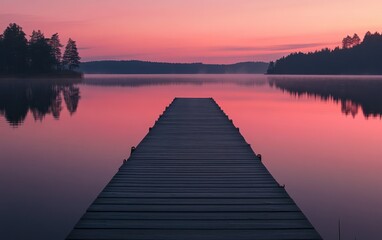 Long Wooden Dock on a Calm Lake at Dusk with Pink Sky Reflection