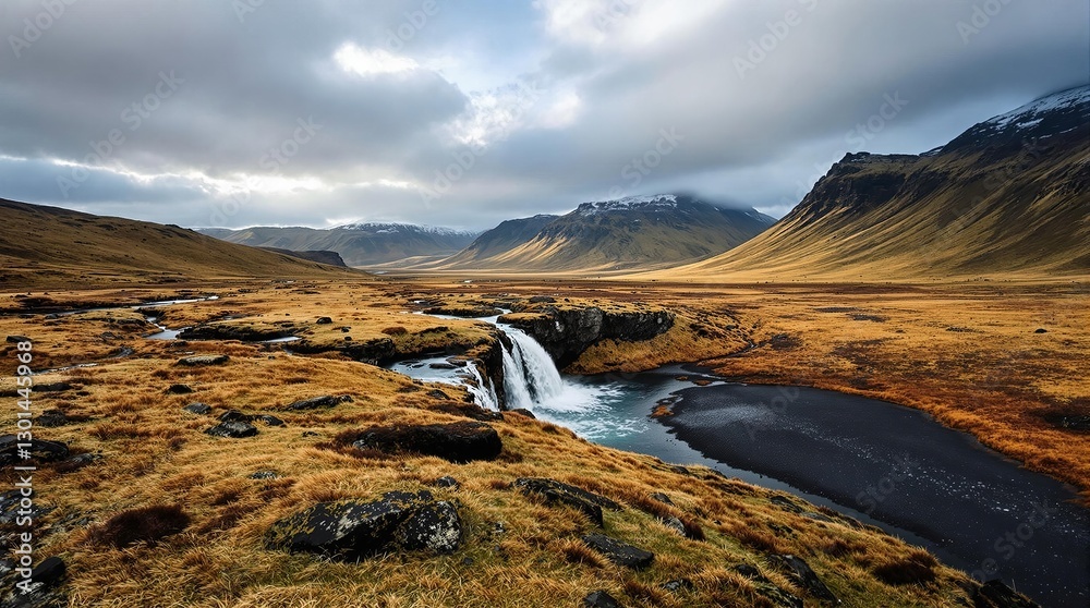Poster a long exposure shot of a grassy valley with a small waterfall cascading down, surrounded by rocky t