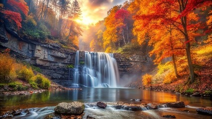 Serene autumn waterfall cascading over rocks, surrounded by vibrant foliage in a tranquil forest setting at sunrise
