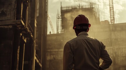 Fototapeta premium Worker observes massive construction site development.