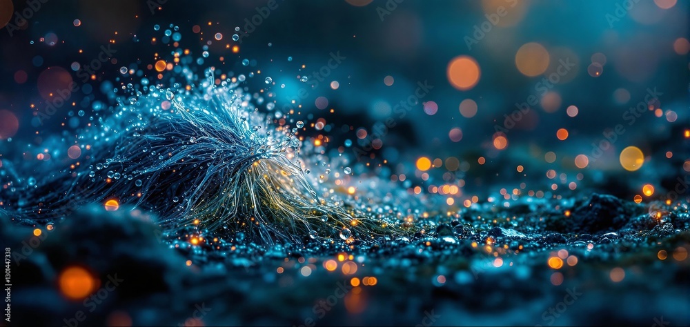 Poster a close-up of a fiber optic cable, illuminated by a myriad of lights against a blurred background. t