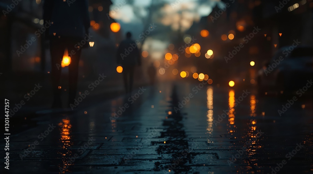 Poster A person walking down a city street at night, captured in a cinematic style with a shallow depth of field that blurs the background into a bokeh effect, emphasizing the interplay of light and shadow. 