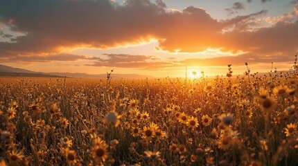 A vivid sunflower field bathed in the golden hues of a setting or rising sun, with the sun's rays piercing through the clouds, casting a warm, golden glow over the lush green of the plants.