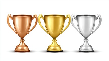 Blank Golden, Silver, and Bronze Champion Trophies on White

