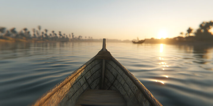 Sunrise voyage on calm waters, gliding in a weathered wooden boat. Serene river scene with distant lush shores and the promise of a new day.