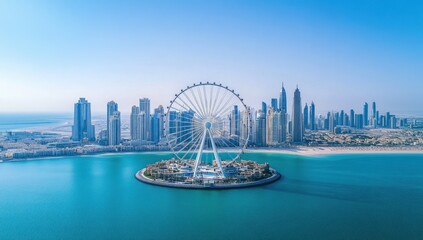 Fototapeta premium Ferris wheel on island with city skyline.