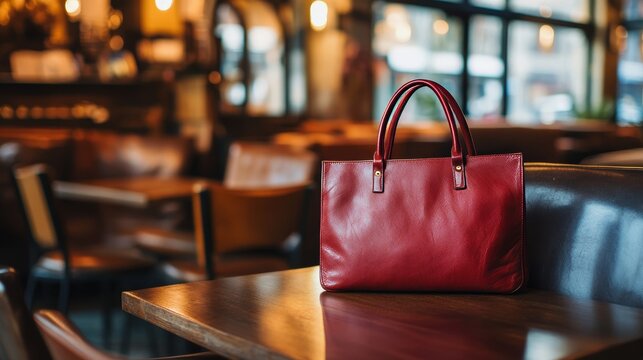 A chic red leather bag sits on a wooden table in a cafe