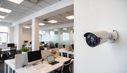Security camera monitoring upscale office interior, enhancing safety