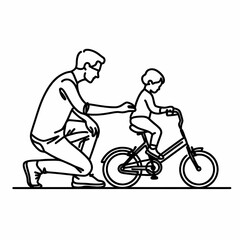 Fototapeta premium In one line black, white background, parents teaching their child to ride a bicycle