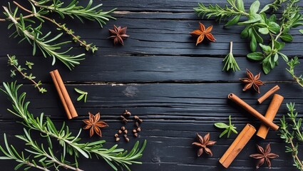 Dark wood surface with star anise and cinnamon sticks. Green rosemary and thyme leaves with brown seeds spread on table.