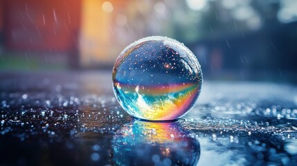Abstract glass sphere reflecting rainbow in rain