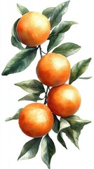 Watercolor Illustration Of Oranges On Branch