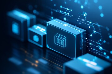 Digital logistics concept showcasing packages with futuristic technology and data visualization in a dark setting