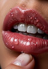 Obraz premium Glossy Wet Lips with Water Droplets_a finger touching one's lips – Sensual Beauty Close-Up 