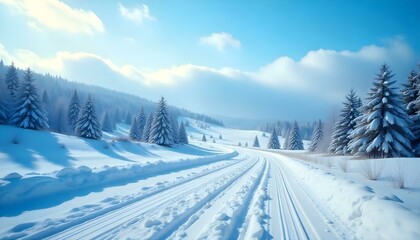 Paisaje invernal con colinas cubiertas de nieve y árboles contra un cielo azul brillante, efecto bokeh, iluminación suave y difusa, lente gran angular