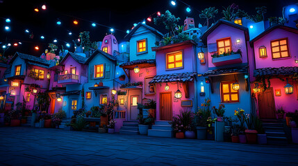 Obraz premium Colorful Cartoon Night Town