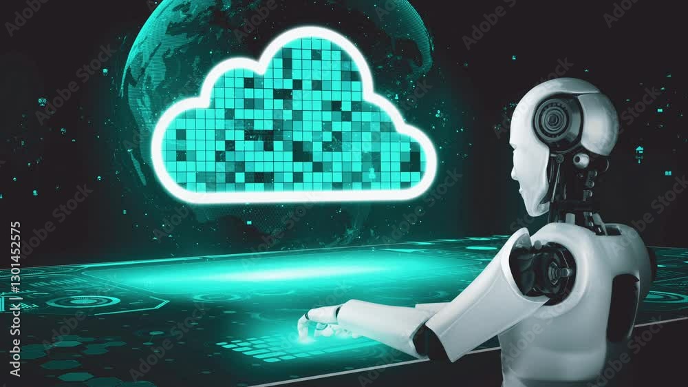 Poster ai robot huminoid uses cloud computing technology to store data on online server . futuristic concep