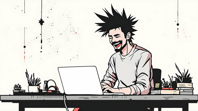 Casual entrepreneur sitting on a desk with a laptop, mid-laugh.