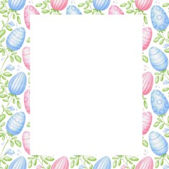 Obraz premium Illustration with decorative frame with watercolor Easter eggs, green branches with leaves and small flowers. Perfect for holiday cards, home decoration, invitations for Easter events, spring holidays