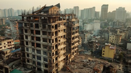 Fototapeta premium Destroyed urban building ruins with cityscape background.