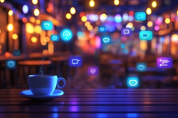 Steaming Coffee Cup Surrounded by Digital Interaction Icons in a Lively Caf? Setting