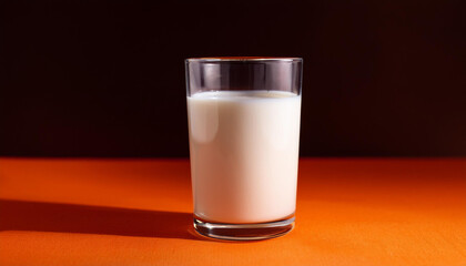 Elegant Still Life of a Tall Glass Filled with Pure White Milk, Bathed in Soft Studio Lighting Against a Deep Brown Backdrop, Displayed on a Vibrant Orange Tabletop